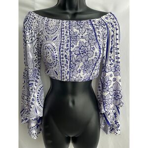 Jaase Smocked Boho Off Shoulder Crop Top Butterfly Bell Sleeves Floral Size L